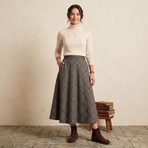 Grace & Chili Plaid Midi Skirt Dark Academia A-Line Brown Grey Size M Women